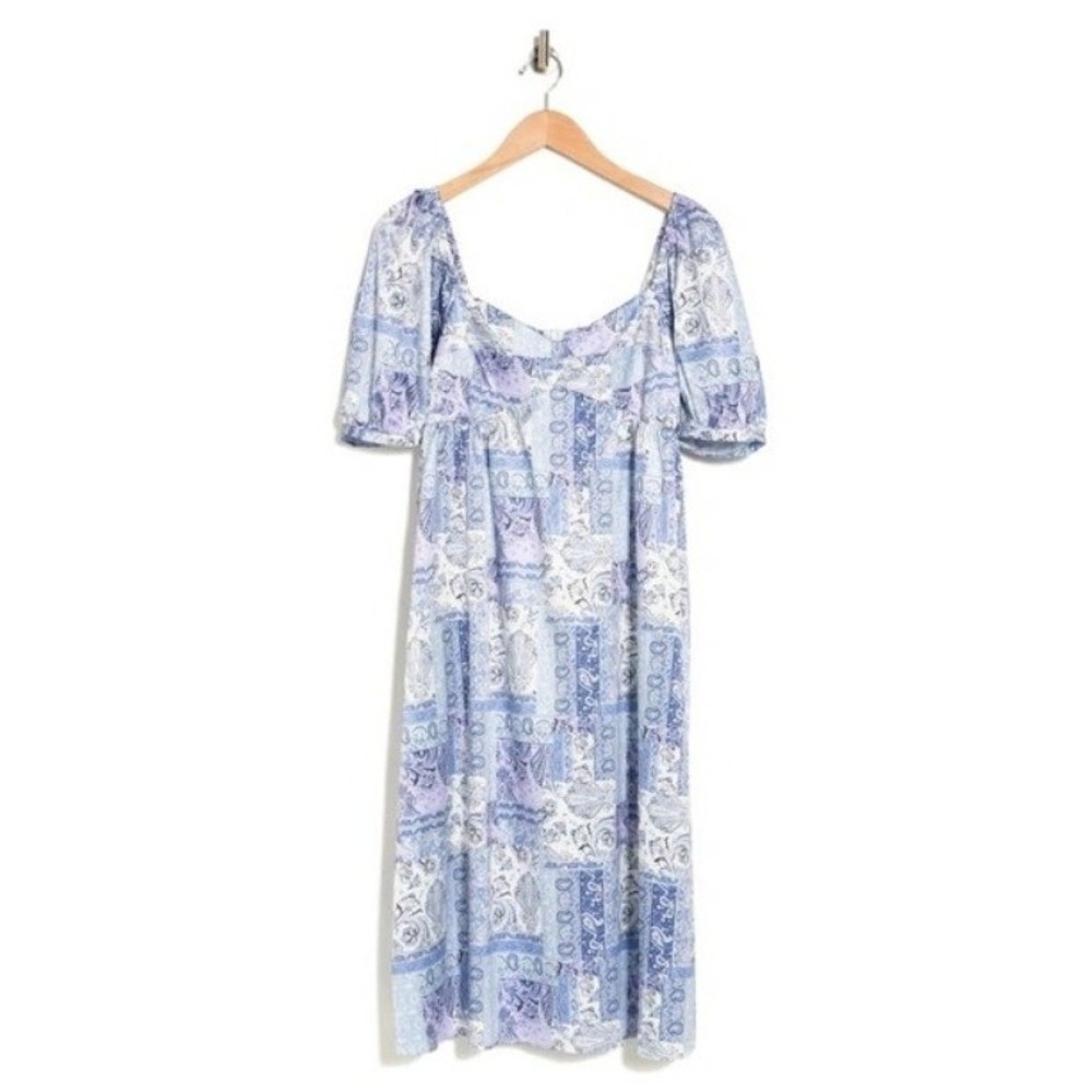 NSR Layla Paisley Print Midi Dress‎ In Blue Patch Smock Zip Back Womens Small